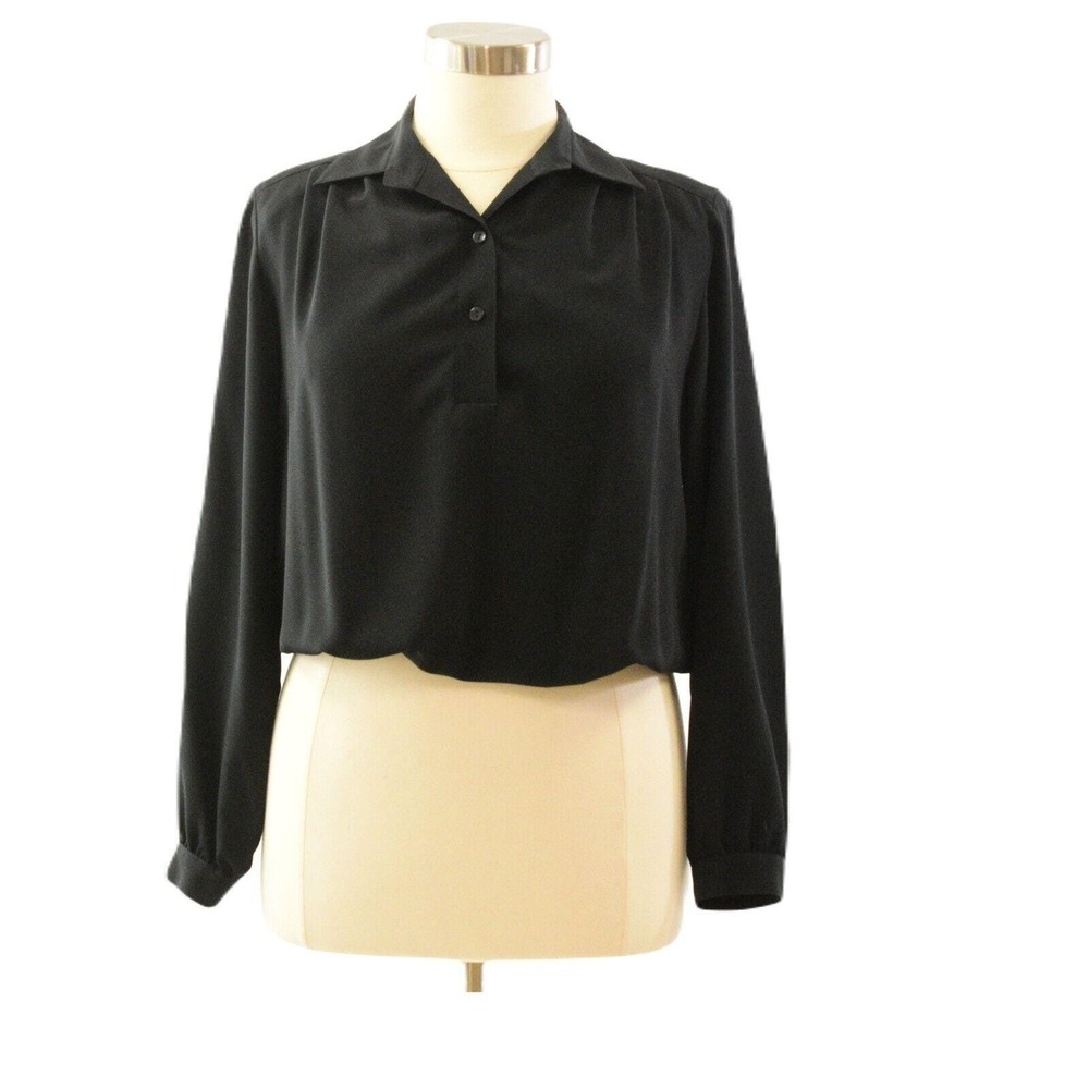70s Vintage Black Blouson Top Womens L 14 Button Front Bubble Hem Office Top